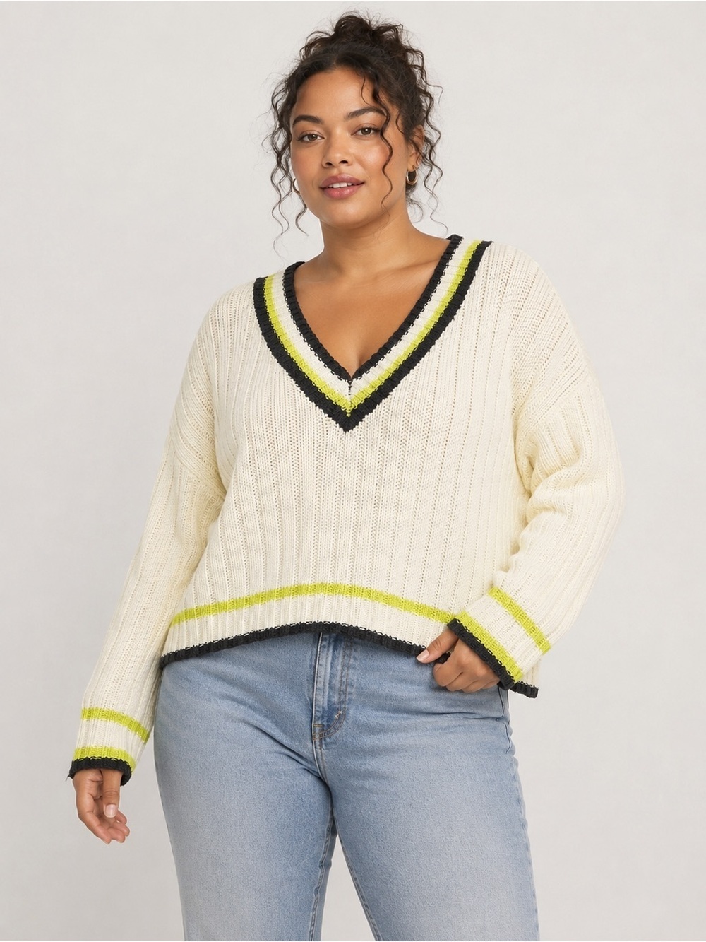 wild fable Cream Ribbed Scoop Sweater with Neon Yellow & Black Trim